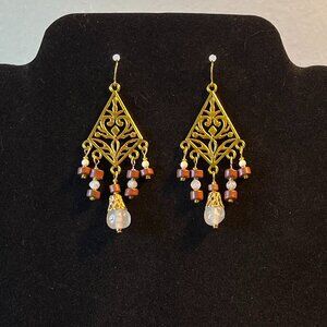 Handmade Beaded Chandelier Earrings - Gold Filigree